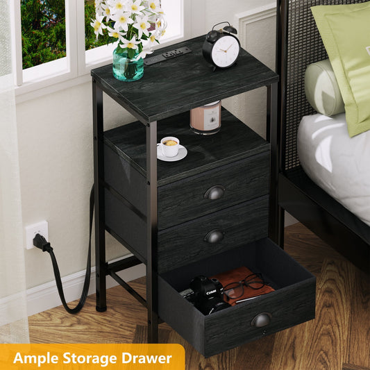 Satifur Nightstand with Charging Station Bedside Table with Fabric Storage Drawers, Black Oak