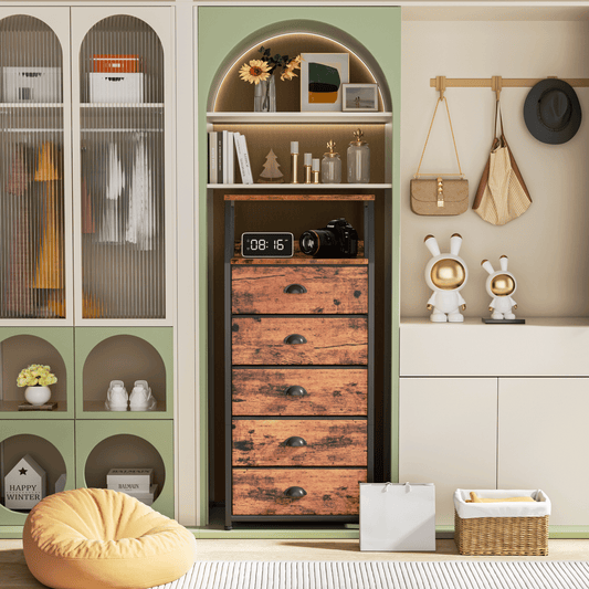 TYDIMOR Fabric Dresser for Bedroom, 5 Drawer Chest of Drawers, Browun, Ideal for Adults