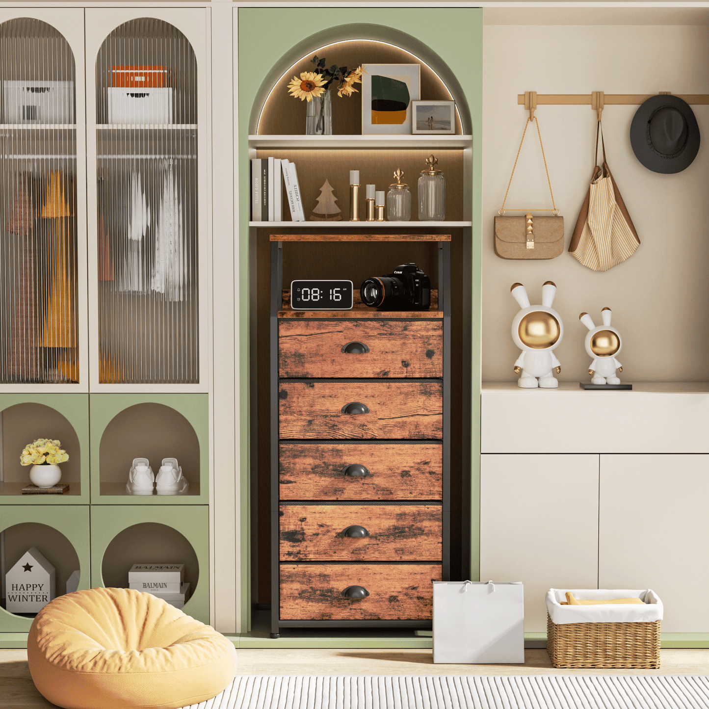 Satifur 5-Drawer Nightstand,Tall Fabric Dresser Storage End Table,Rustic Brown