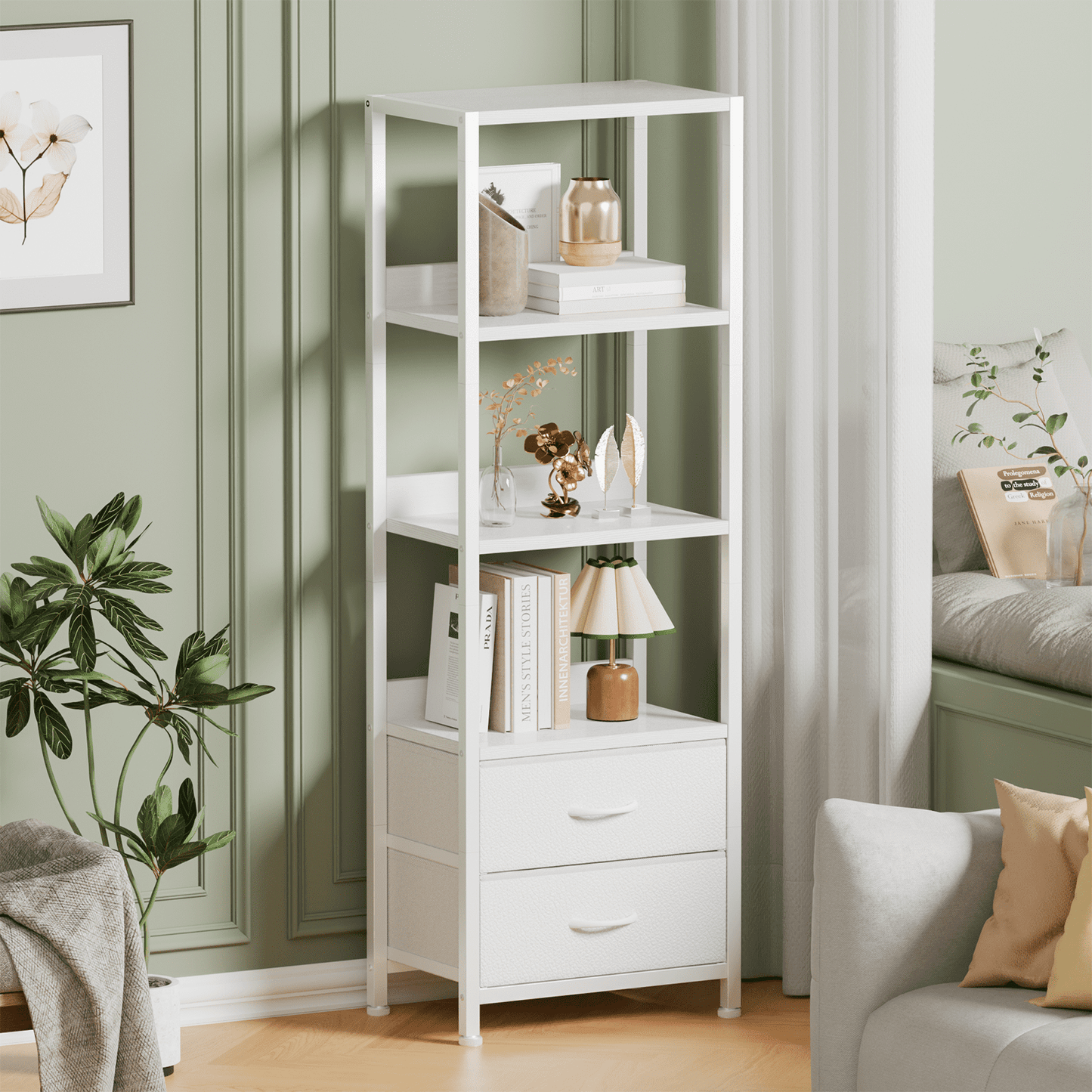 Satifur 4-Tier Bookshelf and Bookcase with 2 Removable Drawers, Narrow Display Shelf for Living Room, White