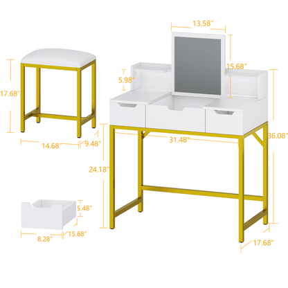 Satifur Vanity Desk 2 in 1 Design with Mirror and Charging Station Makeup Table with Chair and Storage Space