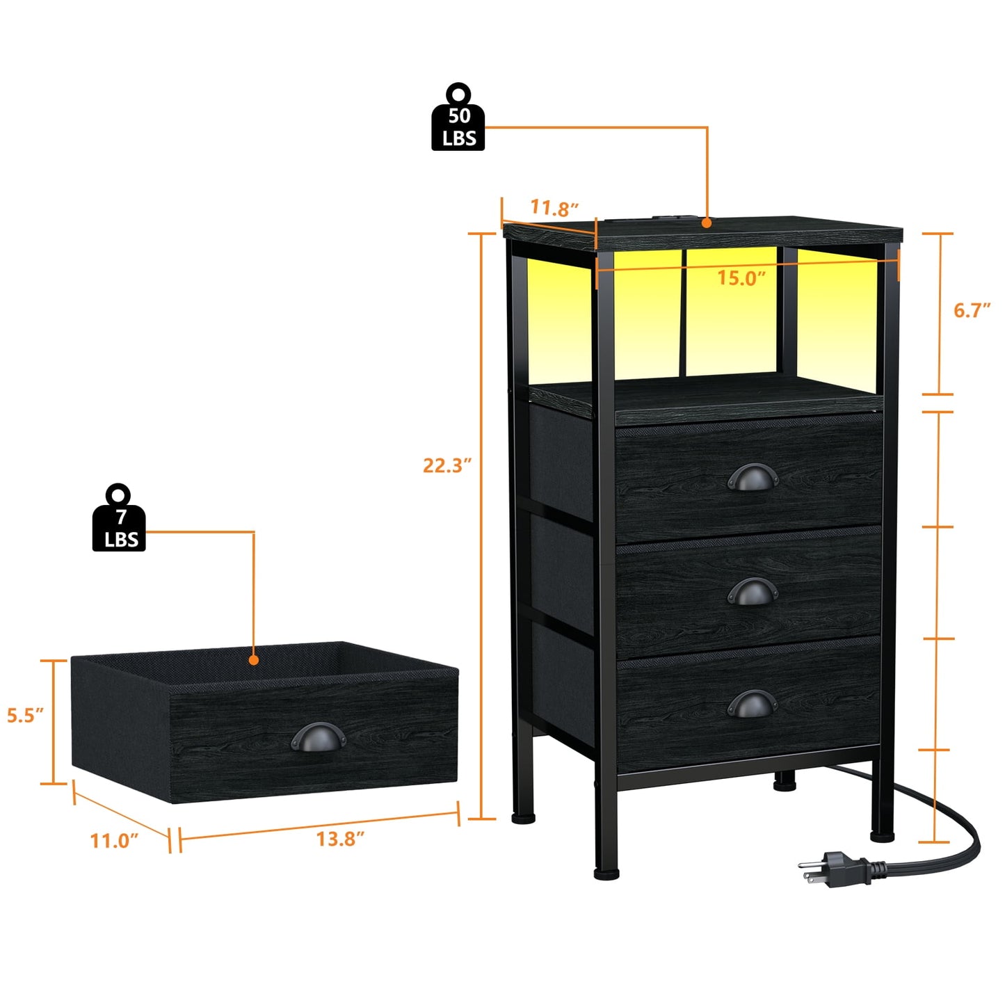 Satifur Night Stand with Charging Station,LED Nightstand with USB Ports and Outlets,Fabric Drawers Bed Side Table,Black Oak