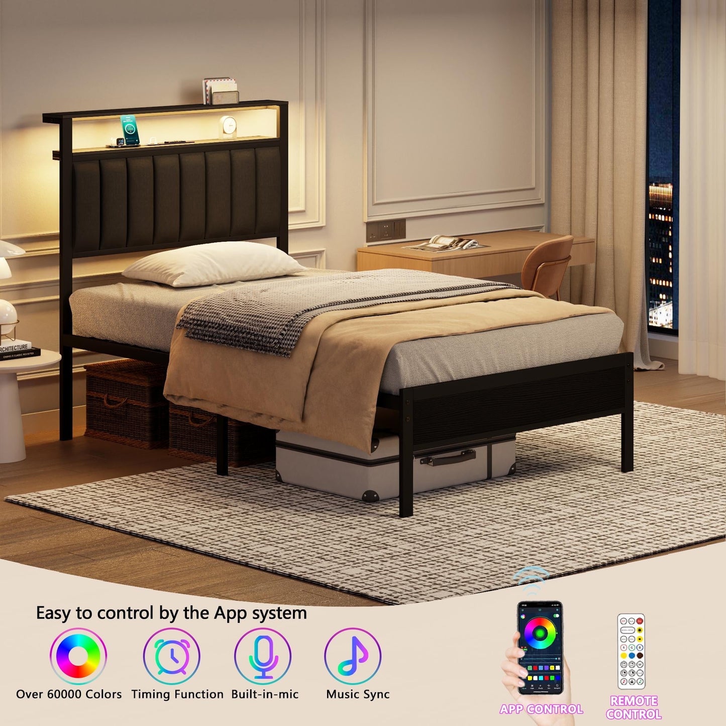 Hexmn Twin Bed Frame with USB Ports and Outlets, LED Gaming Bed Metal Frame Underbed with Headboard, Niose Free