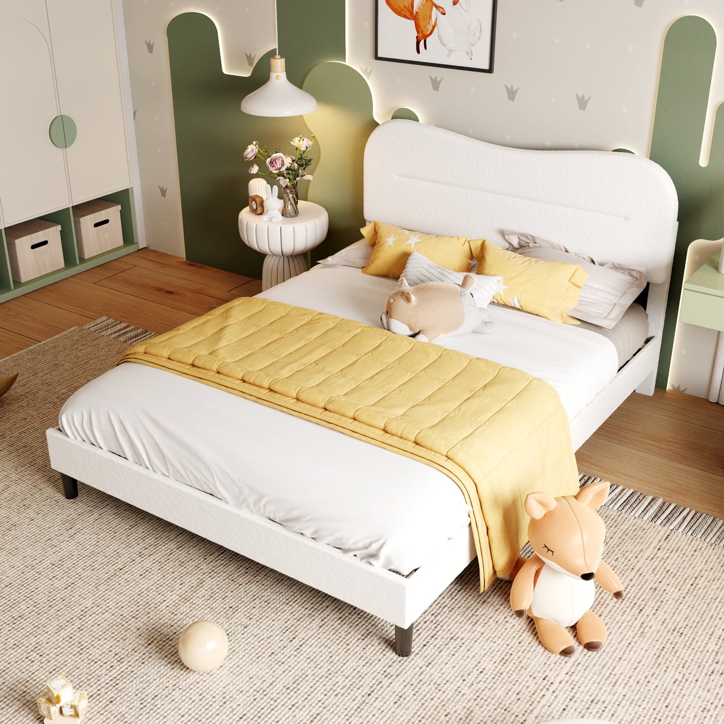 Satifur Queen Bed Frame with Teddy Velvet Soft Curved Headboard, Platform Bed with Wooden Slats Support, Easy Assembly, Noise-Free, White