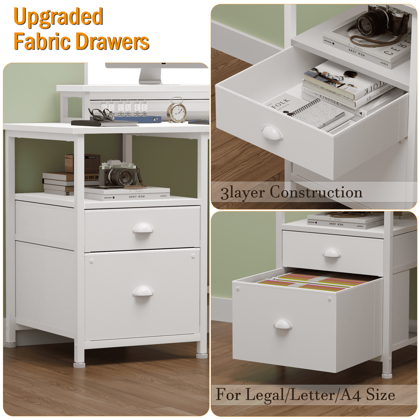 Satifur Office Desk with Drawers and Charging Station, Gaming Desk with Movable Monitor Stands, Corner Desk with Storage Shelves and File Cabinet, White