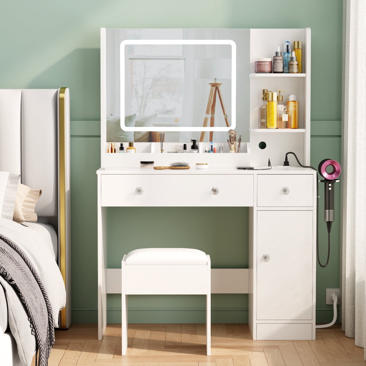 Tydimor Vanity Set with Mirror & Lights, Women Makeup Table with Charging Station, Sturdy Dressing Desk with Drawers & Stool