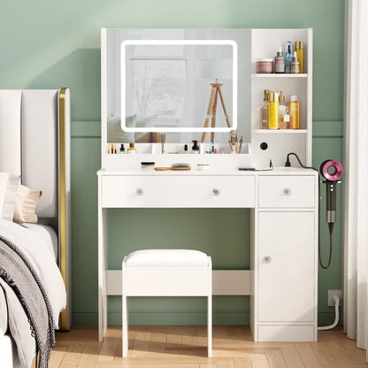 Tydimor Vanity Set with Mirror & Lights, Women Makeup Table with Charging Station, Sturdy Dressing Desk with Drawers & Stool