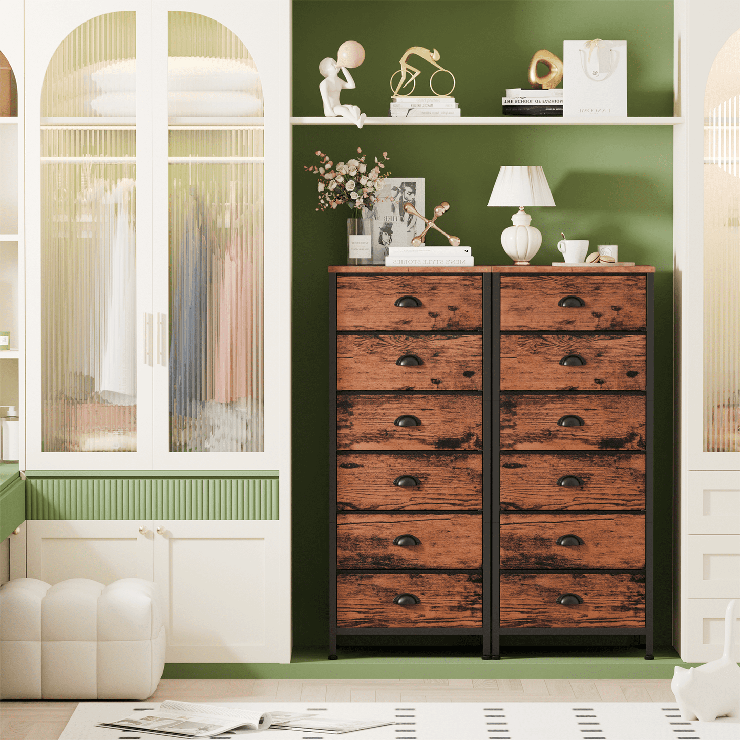 Satifur 6-Drawer Tall Dresser Bedside Fabric Nightstand with Storage,for All Age,Rustic Brown