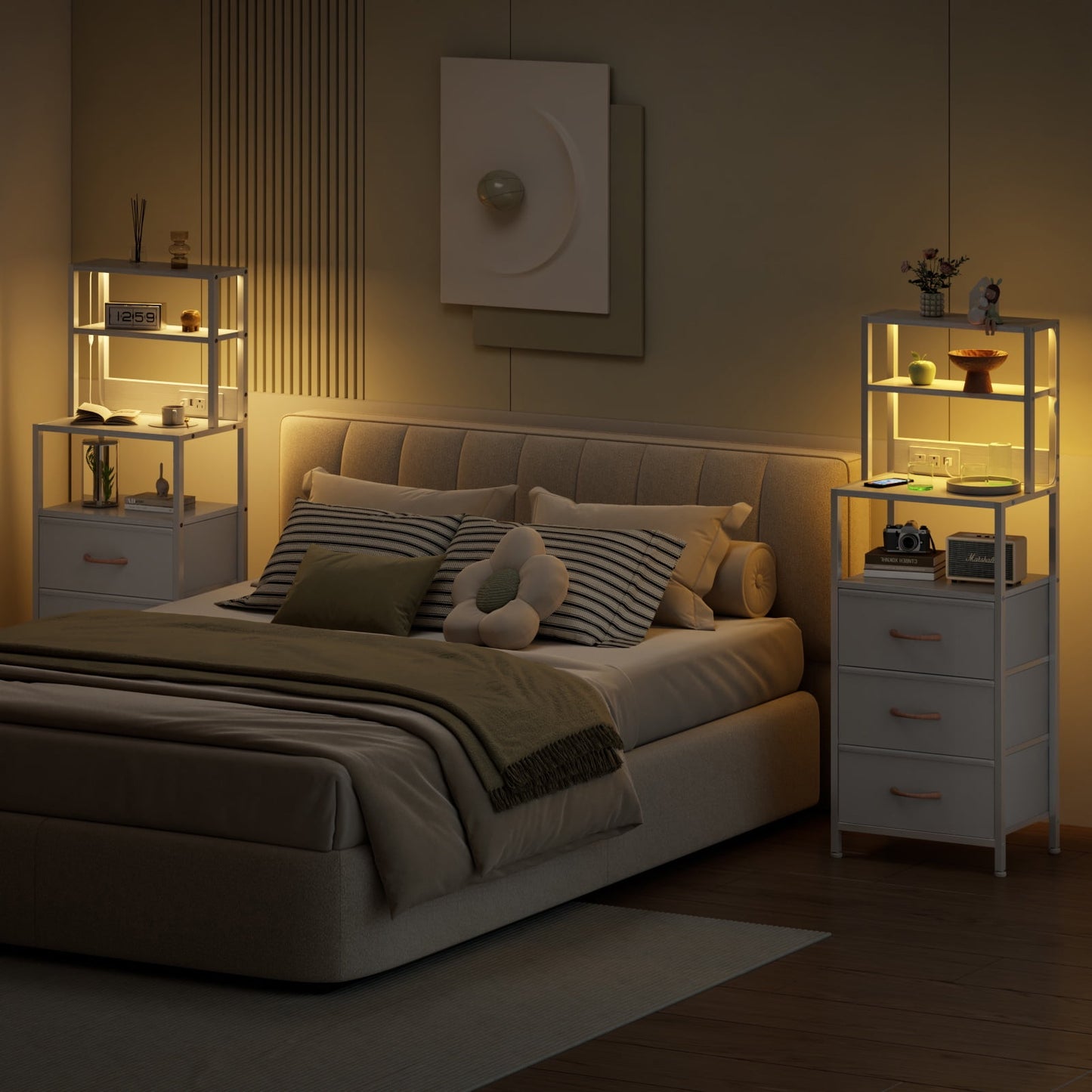 Satifur Tall Nightstand with Charging Station and LED Lights, Bedside Table with Bookshelf,3 Fabric Drawers, White