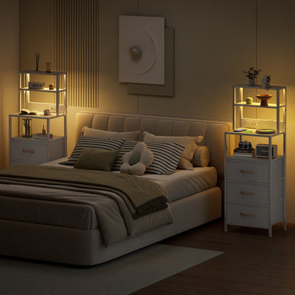 Satifur Tall Nightstand with Charging Station and LED Lights, Bedside Table with Bookshelf,3 Fabric Drawers, White
