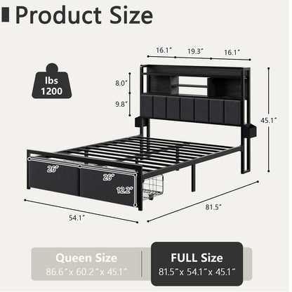 Satifur Full Size Bed Frame with High LED Storage Headboard Shelf, Bed Metal Platform, Black
