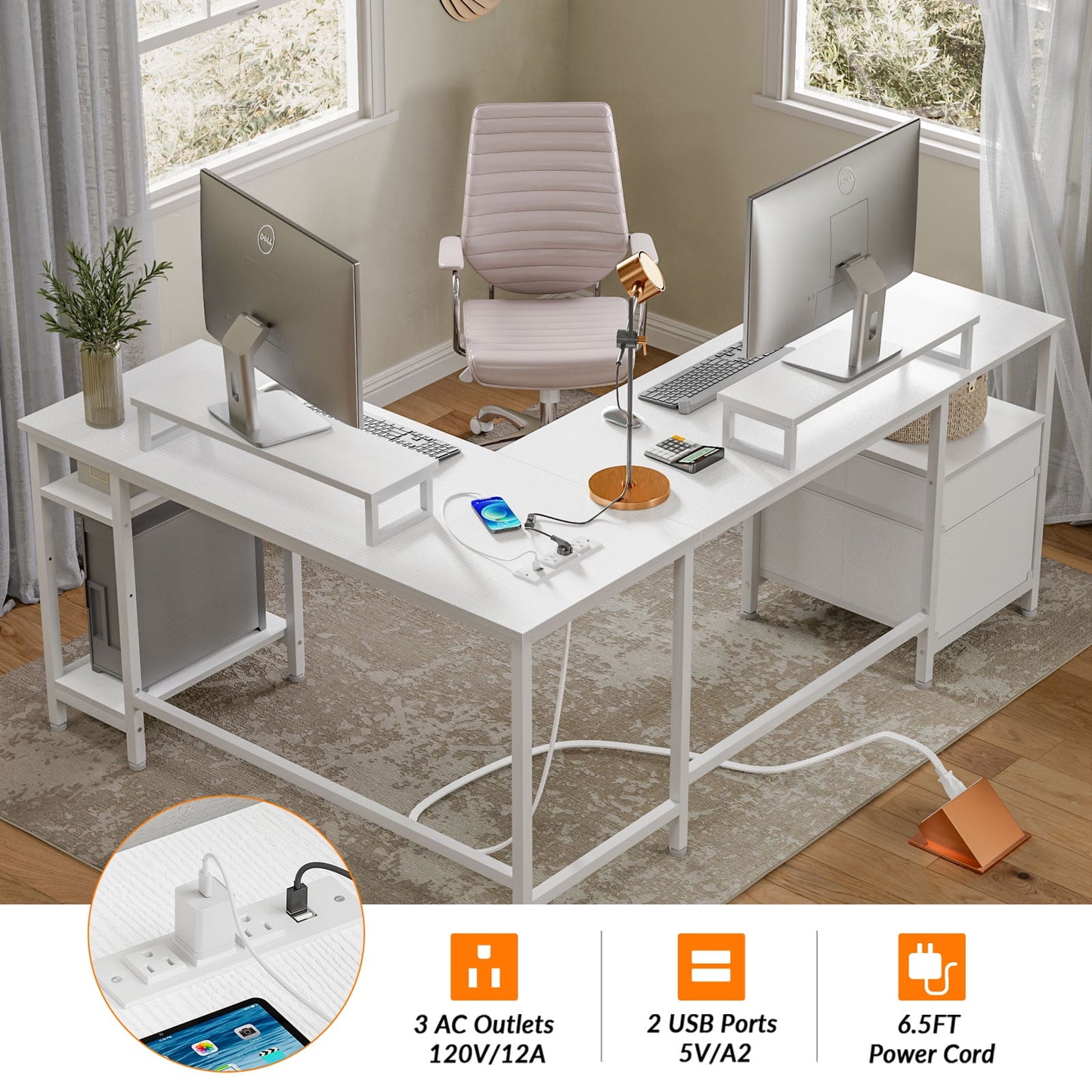 Furologee Computer Desk L-Shaped Desk with Power Outlet and Monitor Stand Corner Desk, White