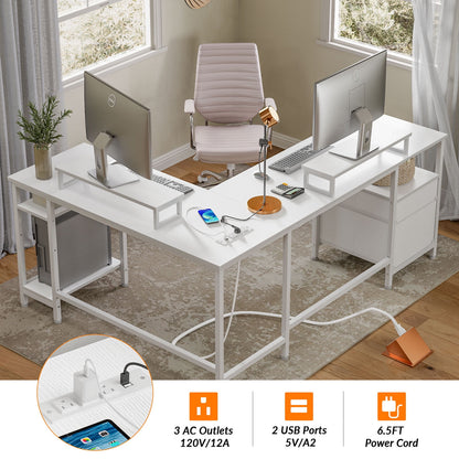 Furologee Computer Desk L-Shaped Desk with Power Outlet and Monitor Stand Corner Desk, White