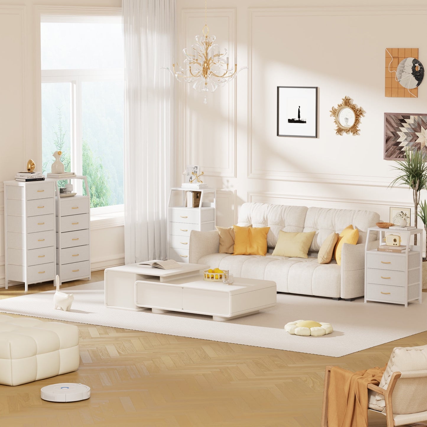 Satifur Nightstand,Vertical Dresser with Fabric Chest of Drawers & Storage for Bedroom,Living Room,White