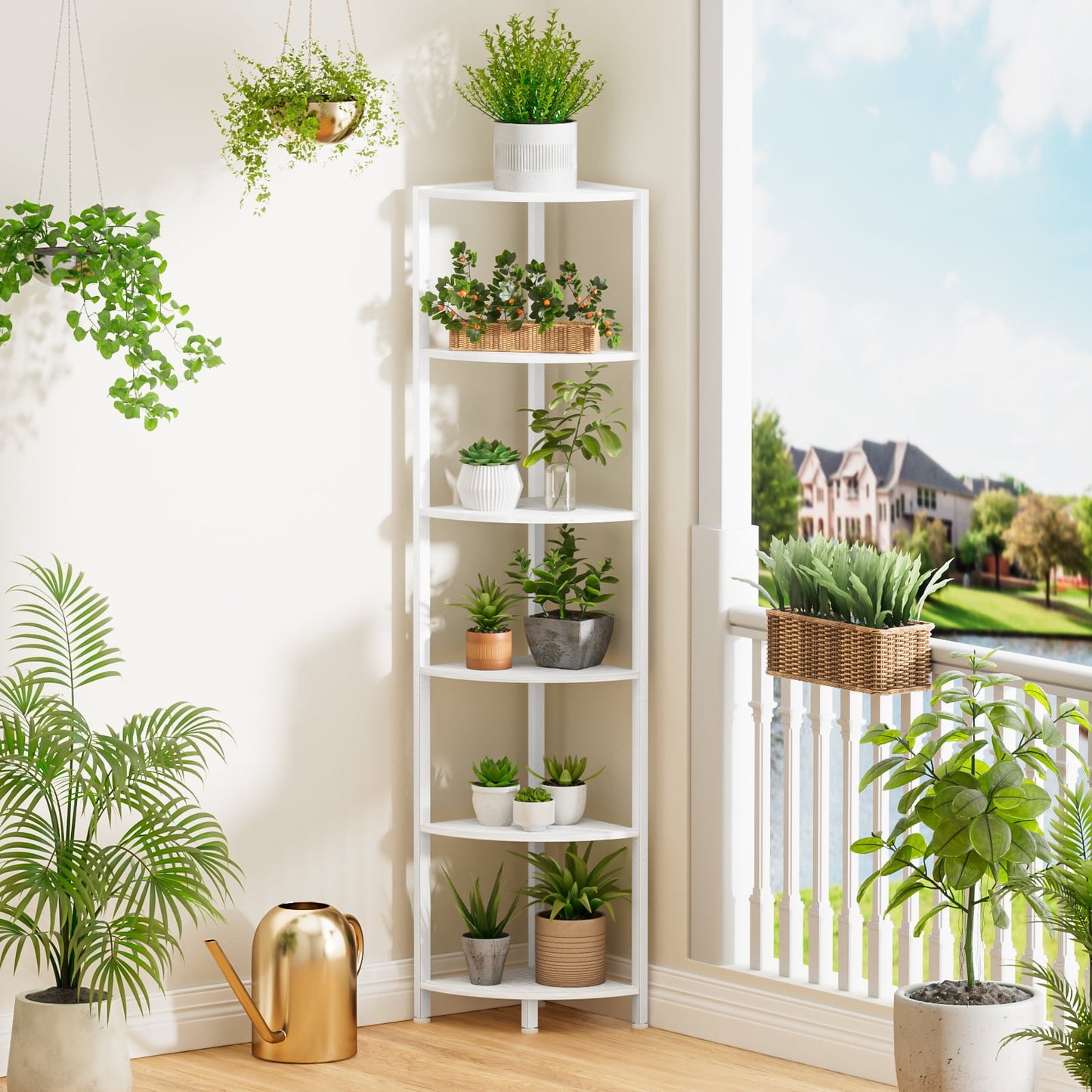 Satifur Corner Shelf Bookcase with LED Light Strip, 6-Tier Corner Bookshelf for Living Room,Bedroom,White