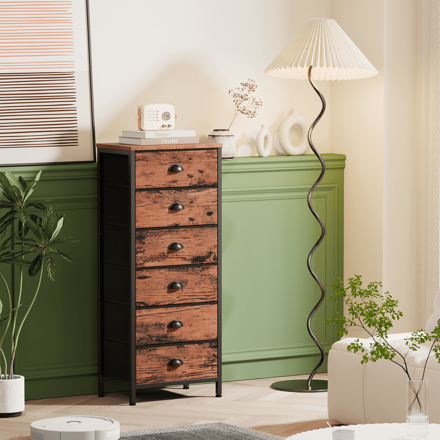 Satifur 6-Drawer Tall Dresser Bedside Fabric Nightstand with Storage,for All Age,Rustic Brown