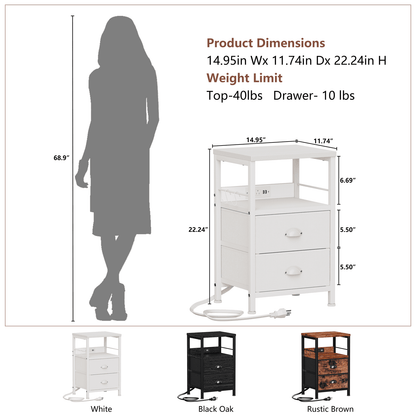 Satifur Nightstand with Charging Station, Bedside End Table with Fabric Drawers,Outlets & USB Ports, White