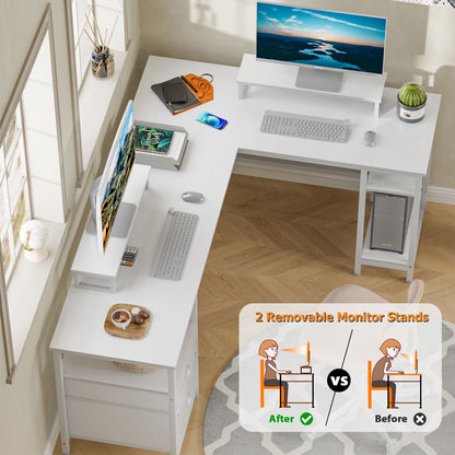 Furologee L Shaped Desk with Shelves, Reversible Corner Computer Desk with Drawers & 2 Monitor Stands, Large Home Office Desk Writing Study Gaming Table Workstation, White