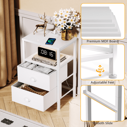 Satifur Bedside Table with Charging Station,LED Nightstand with 2 Fabric Drawers,White
