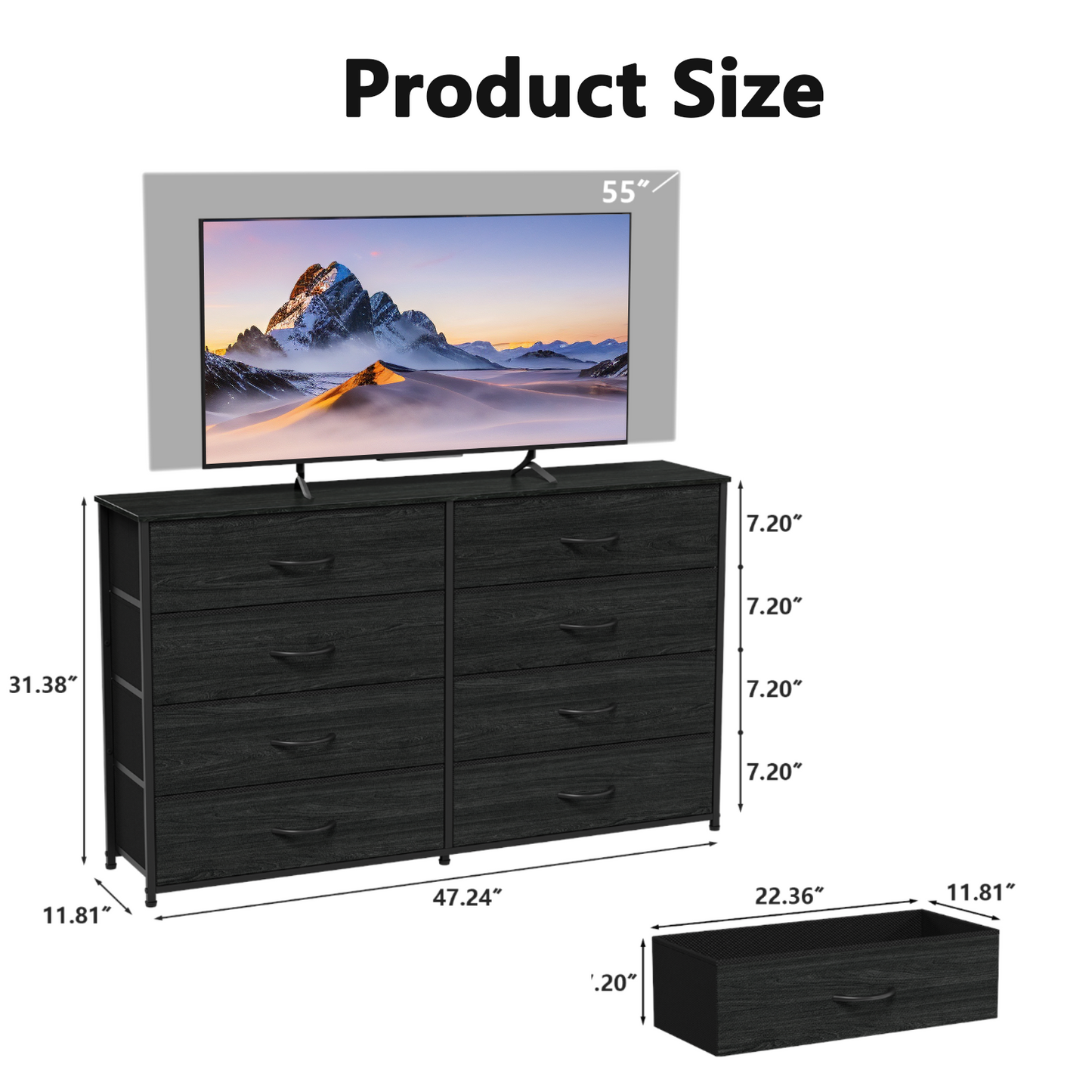 Tydimor Black 8 Fabric Drawers Dressers for Bedroom Wide Dresser TV Stand for 55" TVs, Chest of Drawers
