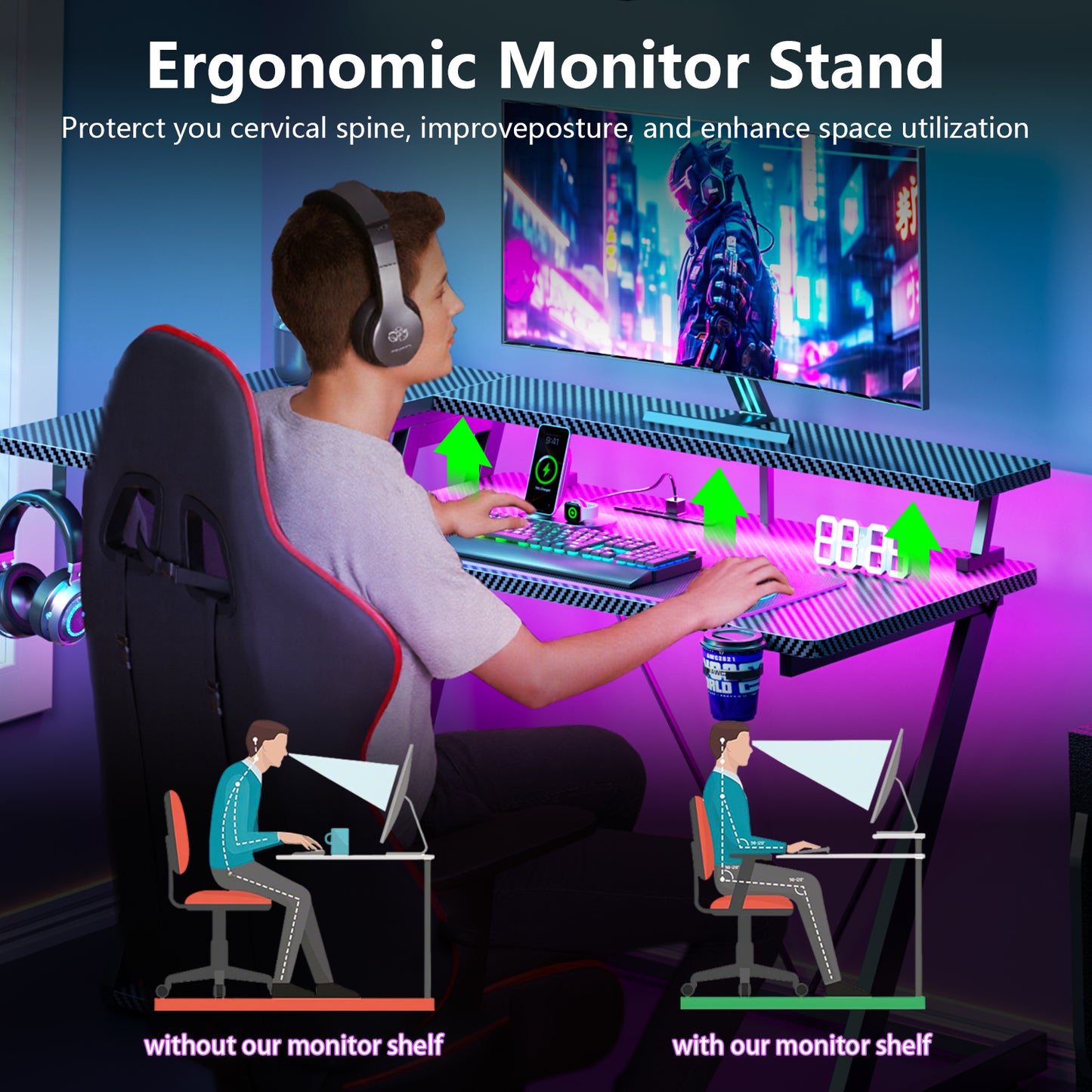 Satifur 55" Pro L-Shaped Gaming Desk Black, RGB LED, Power Hub & Monitor Riser for Ultimate Setup