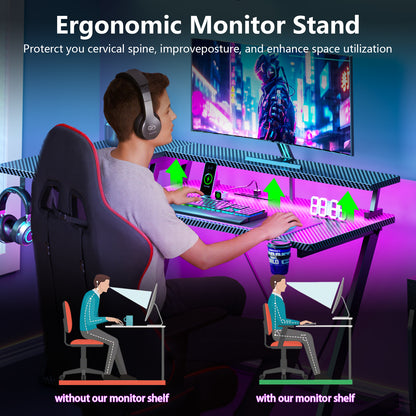 Satifur 55" Pro L-Shaped Gaming Desk Black, RGB LED, Power Hub & Monitor Riser for Ultimate Setup