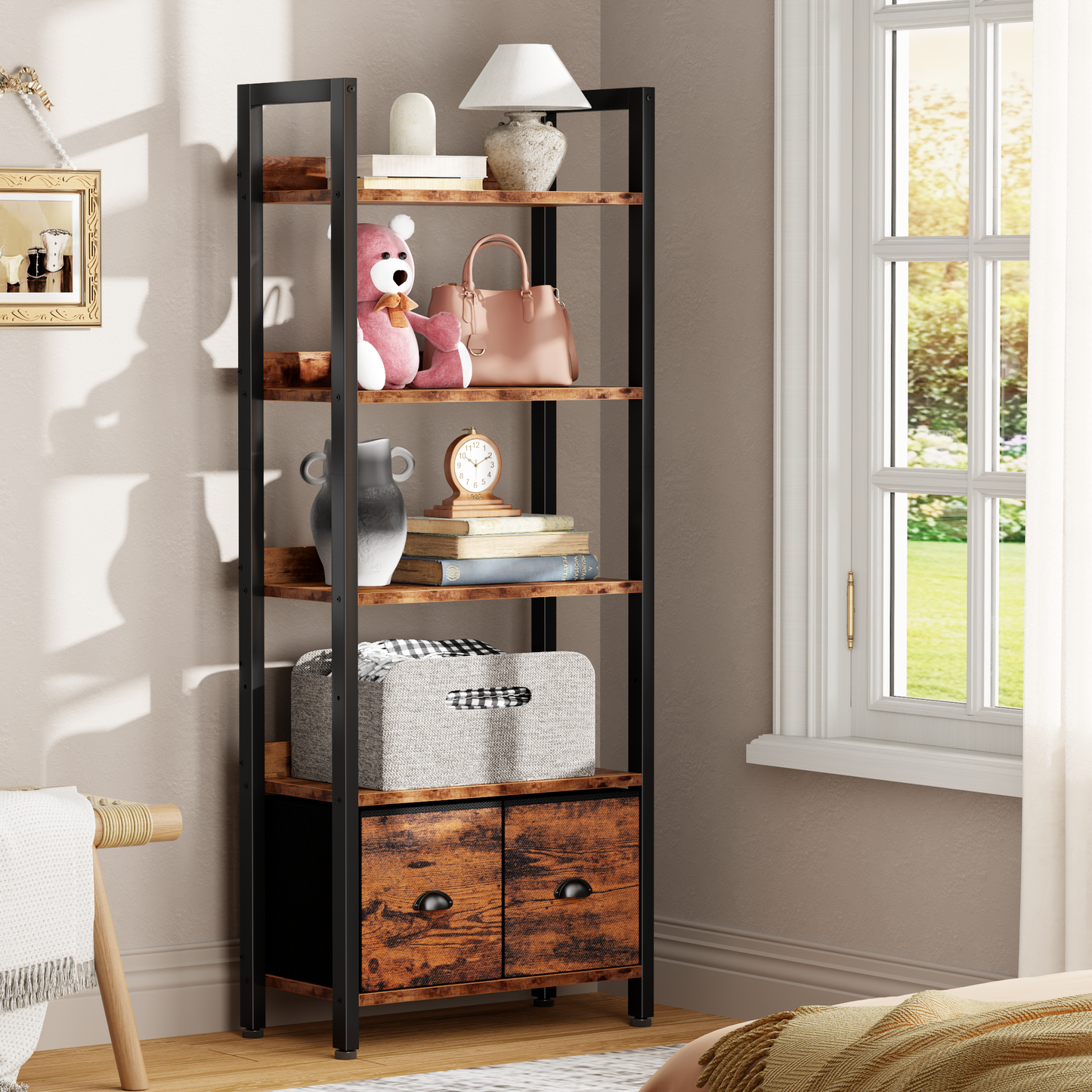 Iezza 5 Tier Rustic Brown Industrial Bookcase, Tall Storage Organizer with Detachable Drawers, Waterproof & Easy Clean Shelving for Bedroom, Kitchen, Entryway