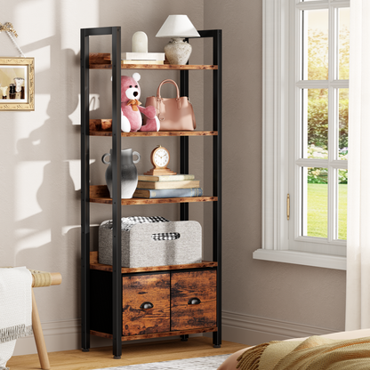 Iezza 5 Tier Rustic Brown Industrial Bookcase, Tall Storage Organizer with Detachable Drawers, Waterproof & Easy Clean Shelving for Bedroom, Kitchen, Entryway