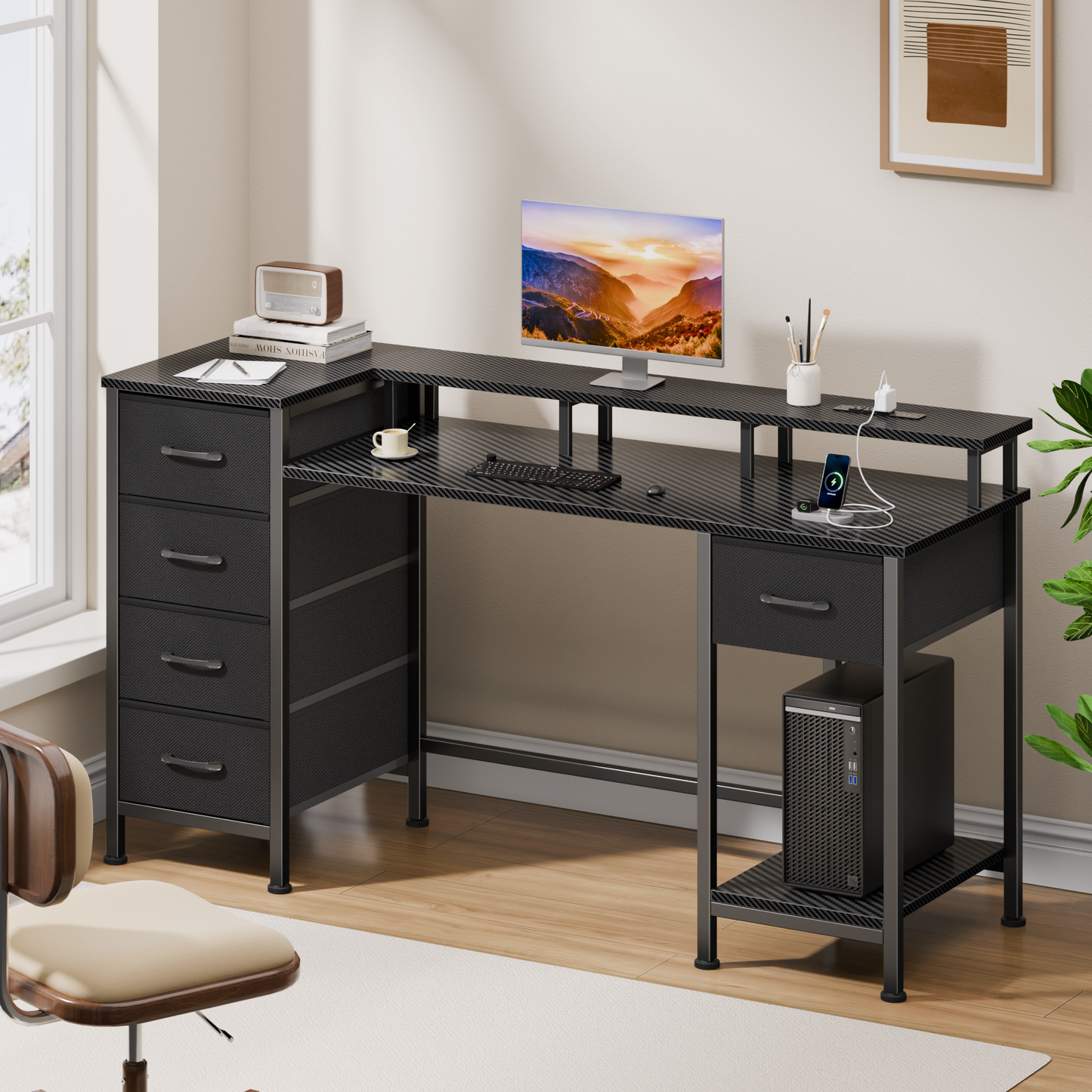 Satifur Gaming Desk with LED Lights & Power Outlets, 47" Computer Desk with 5 Fabric Drawers & Open Storage, Reversible Home Office Desk,Carbon Fiber Black