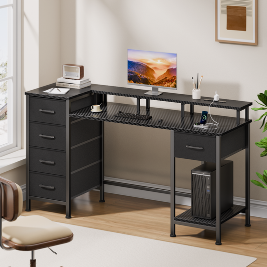 Satifur Gaming Desk with LED Lights & Power Outlets, 47" Computer Desk with 5 Fabric Drawers & Open Storage, Reversible Home Office Desk,Carbon Fiber Black