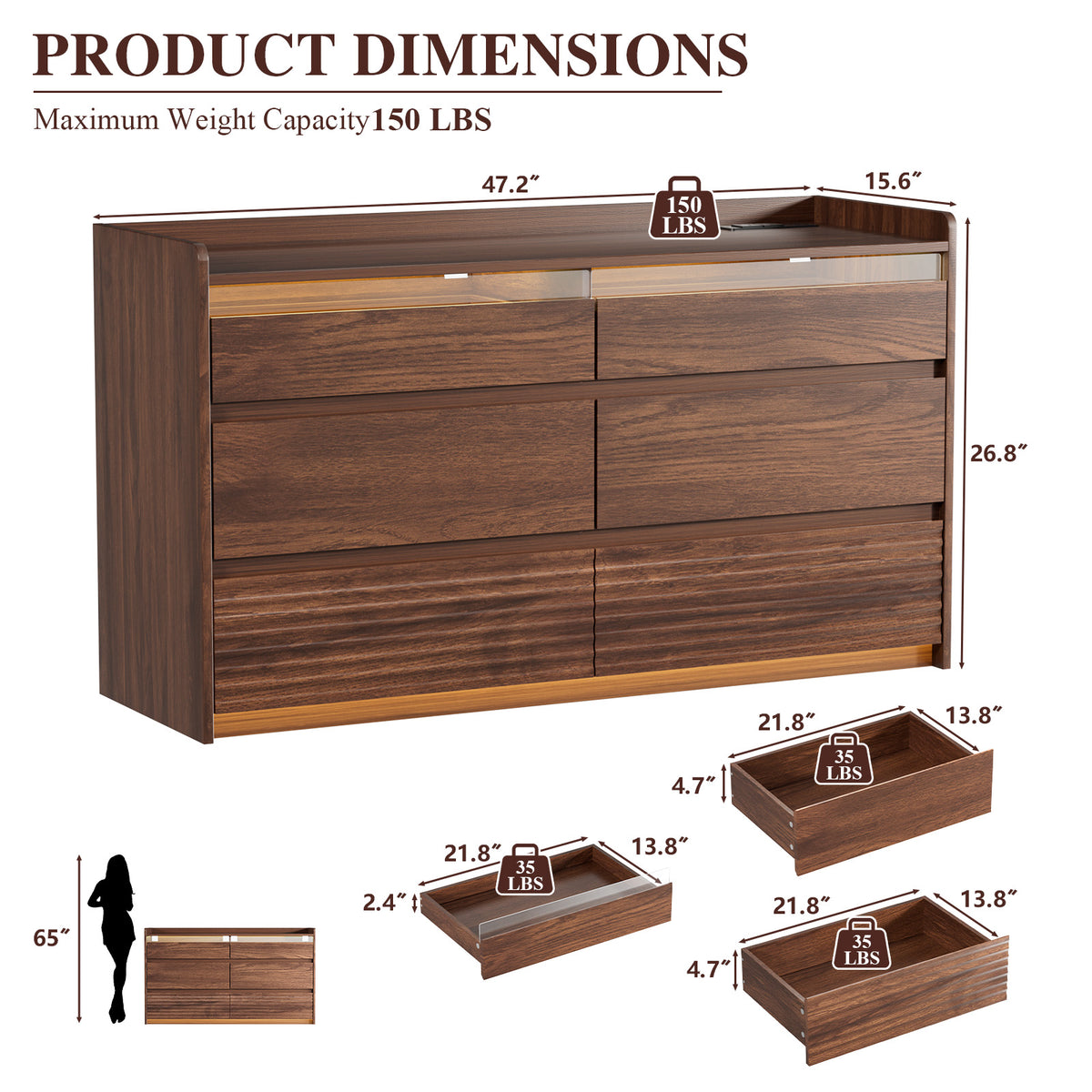 Satifur 6-Drawer Dresser with Charging Station & LED Lights, Modern Wooden Storage Cabinet & Chest of Drawers for Bedroom and Living Room, American Walnut