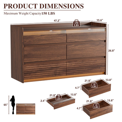 Satifur 6-Drawer Dresser with Charging Station & LED Lights, Modern Wooden Storage Cabinet & Chest of Drawers for Bedroom and Living Room, American Walnut