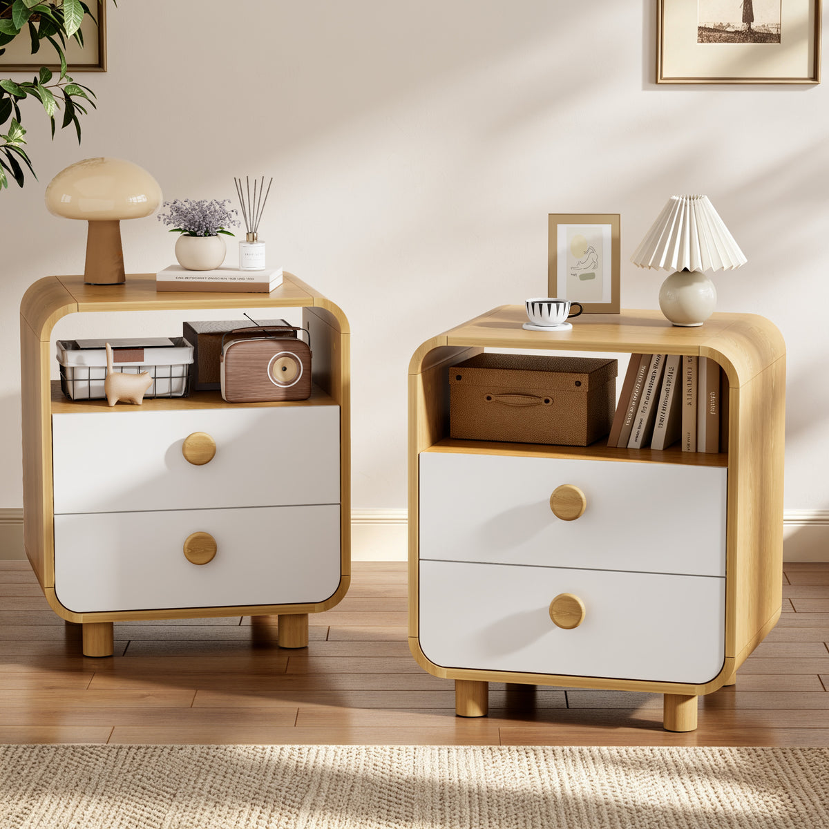 Satifur 2-Drawer Nightstand, White Bedside Table with Open Shelf & Wood Frame, Compact Storage for Bedroom, Living Room