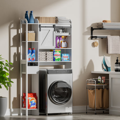 Hexmn Over The Toilet Storage Cabinet with Sliding Barn Door, 6-Tier Freestanding Bathroom Shelf Farmhouse Organizer with Shelves, Paper Holder and Racks, Farmhouse Toilet Cabinet for Laundry, White