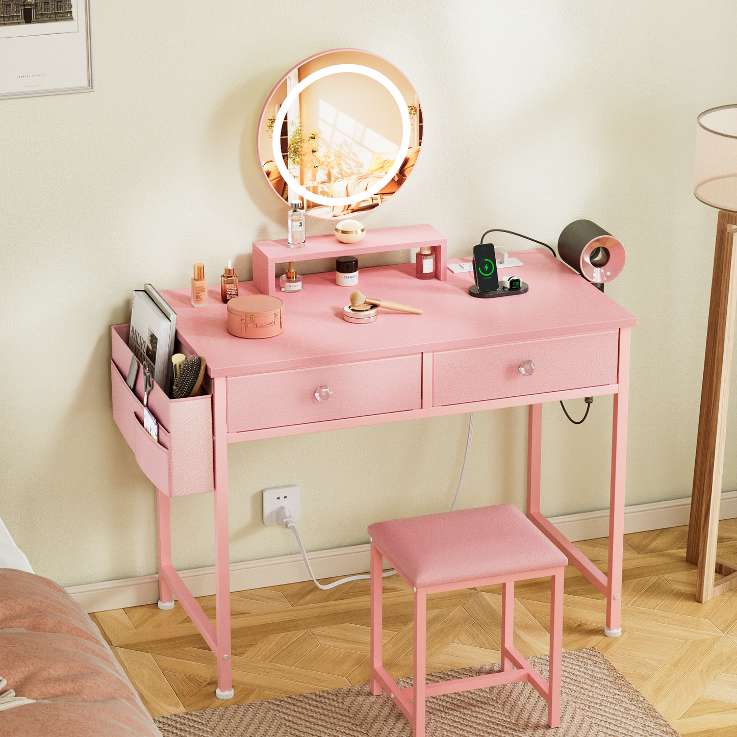 Satifur Vanity Desk with Mirror & Lights, GRWM Vanity with Drawers & Storage Shelves, Makeup Dressing Table with Stool & Charging, Pink