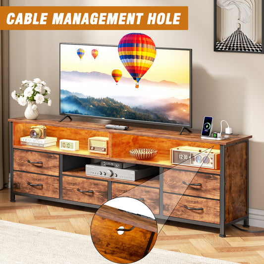 Tydimor Modern TV Stand for TVs up to 65", Media Console with 6 Drawers for Living Room, Entertainment Center with LED lights & Outlets, Rustic