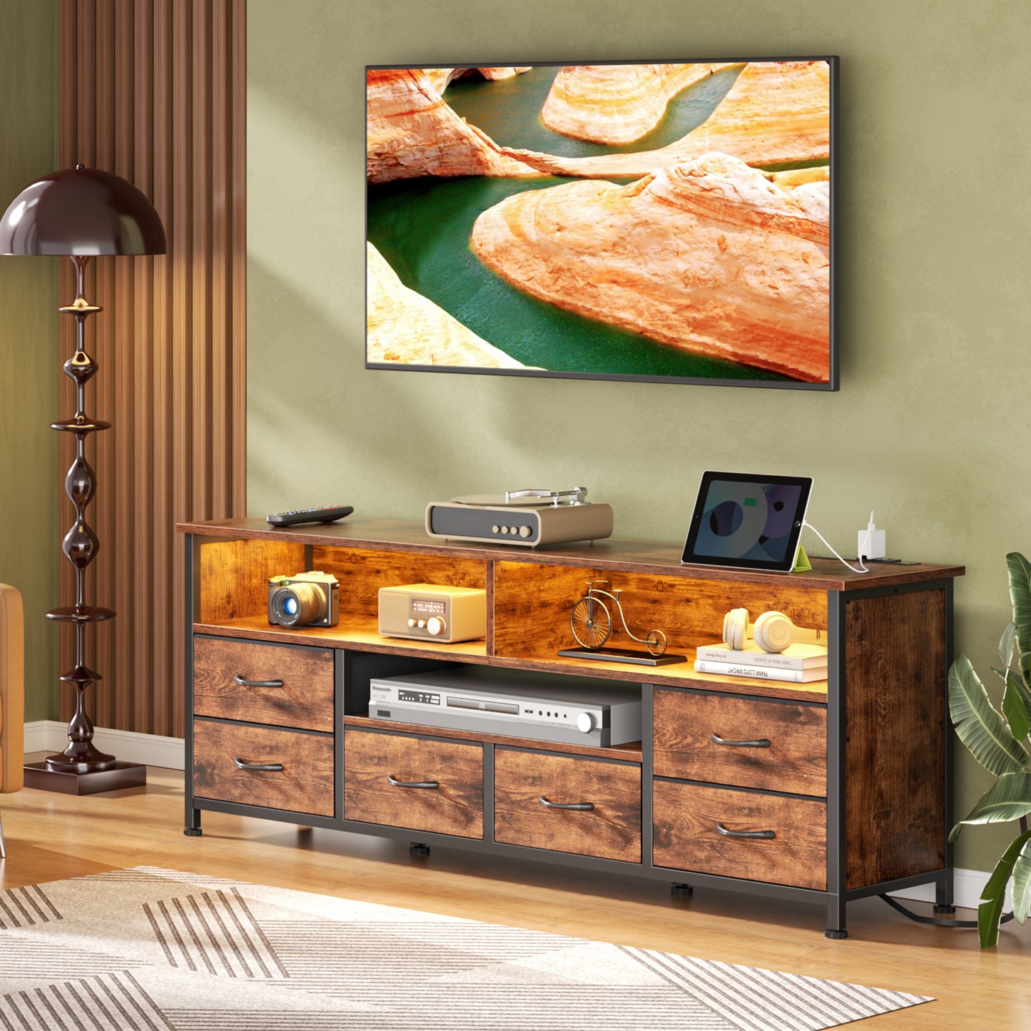 Tydimor Modern TV Stand for TVs up to 55", Media Console with 6 Drawers for Living Room, Entertainment Center with LED lights & Outlets, Rustic