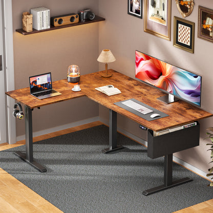 Satifur Electric Standing Desk 63" L-Shaped, Ergonomic Computer Desk with Memory Preset, Height Adjustable Sit Stand Desk with Hooks & Storage, Rustic