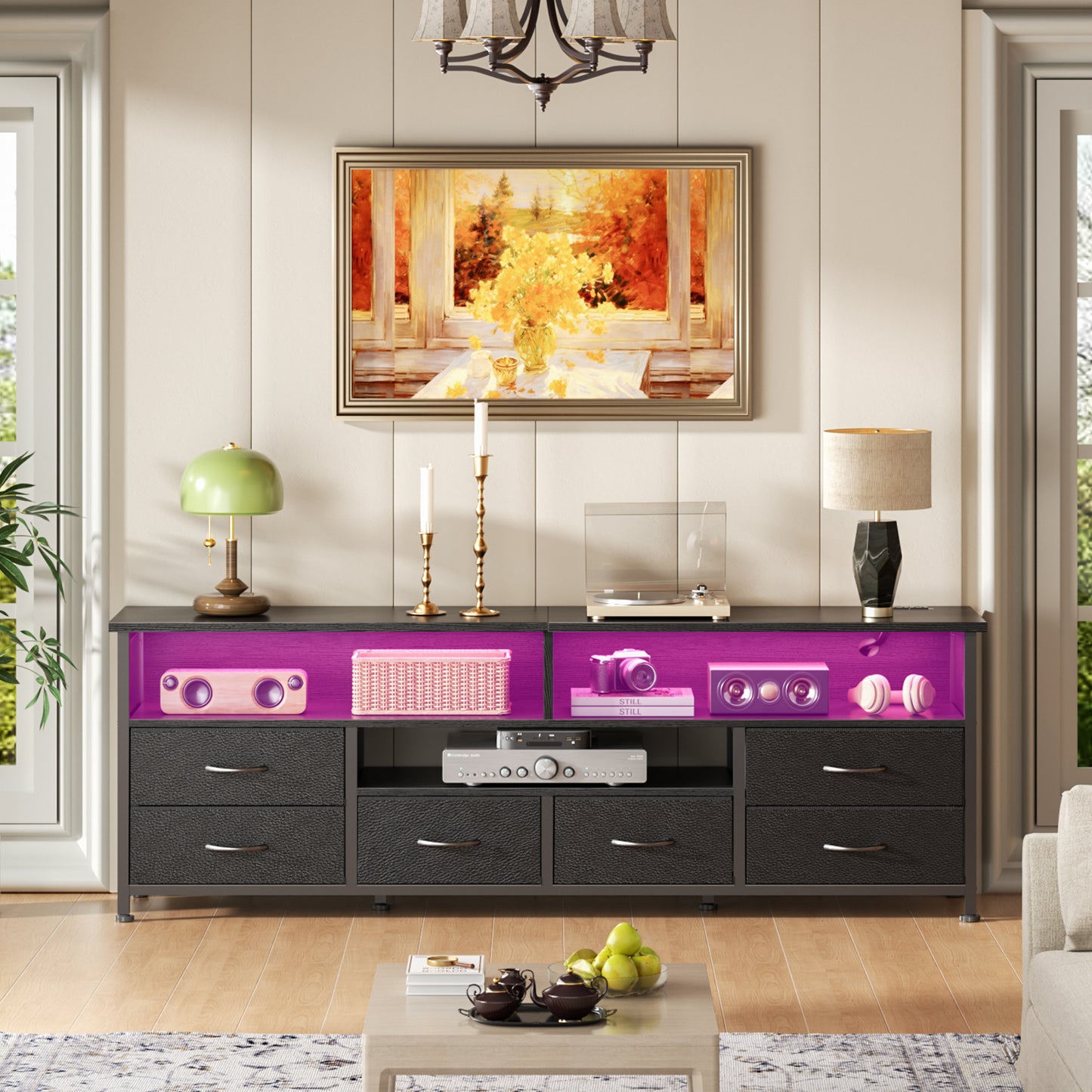 Tydimor Modern TV Stand for TVs up to 65", Media Console with 6 Drawers for Living Room, Entertainment Center with LED lights & Outlets, Black