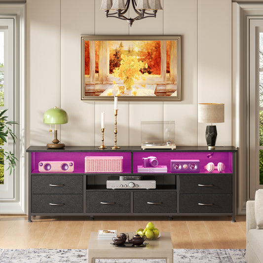 Tydimor Modern TV Stand for TVs up to 65", Media Console with 6 Drawers for Living Room, Entertainment Center with LED lights & Outlets, Black
