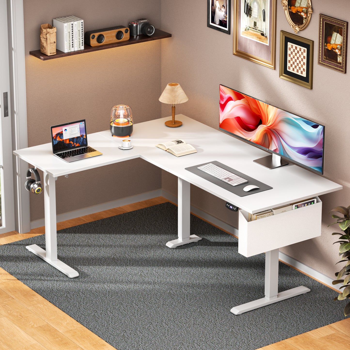 Satifur Electric Standing Desk 63" L-Shaped, Ergonomic Computer Desk with Memory Preset, Height Adjustable Sit Stand Desk with Hooks & Storage, White