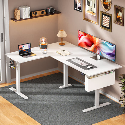 Satifur Electric Standing Desk 63" L-Shaped, Ergonomic Computer Desk with Memory Preset, Height Adjustable Sit Stand Desk with Hooks & Storage, White