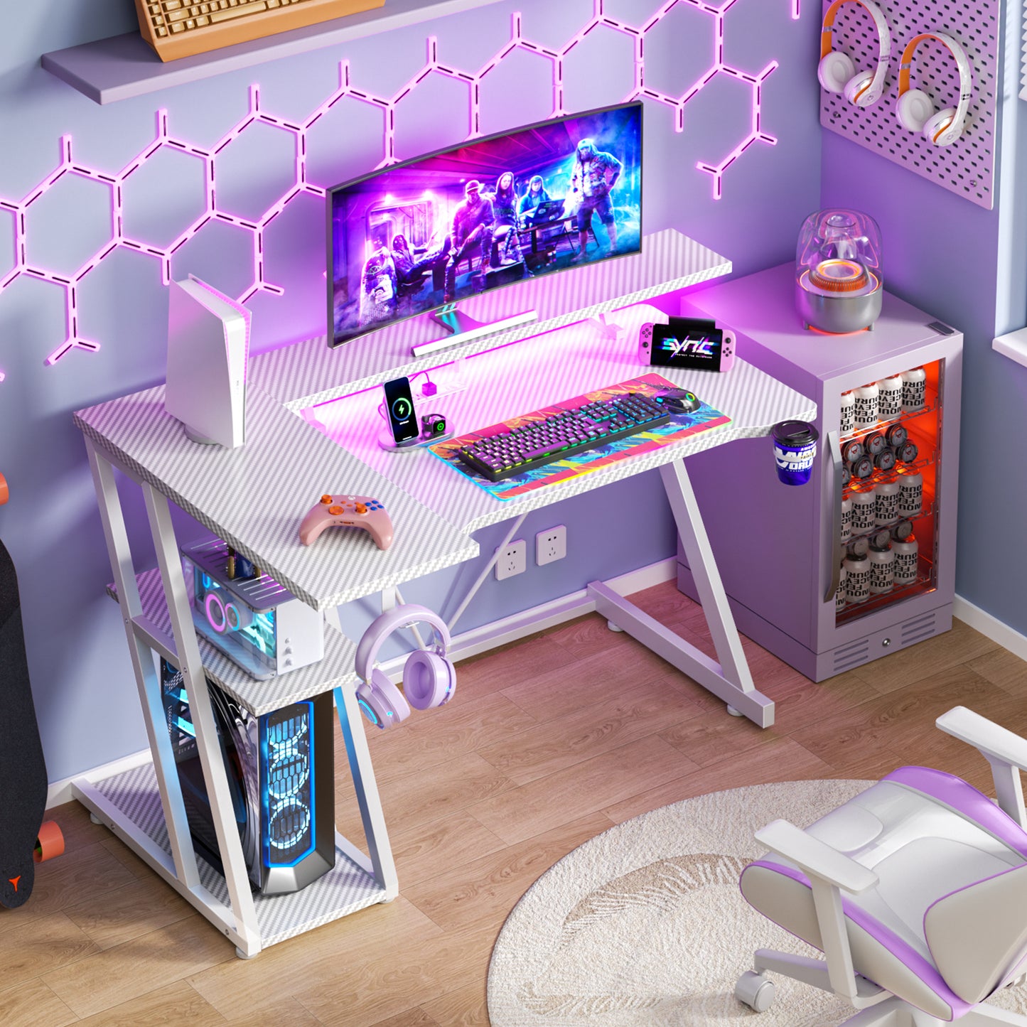 Satifur 39" Pro L-Shaped Gaming Desk White, RGB LED, Power Hub & Monitor Riser for Ultimate Setup