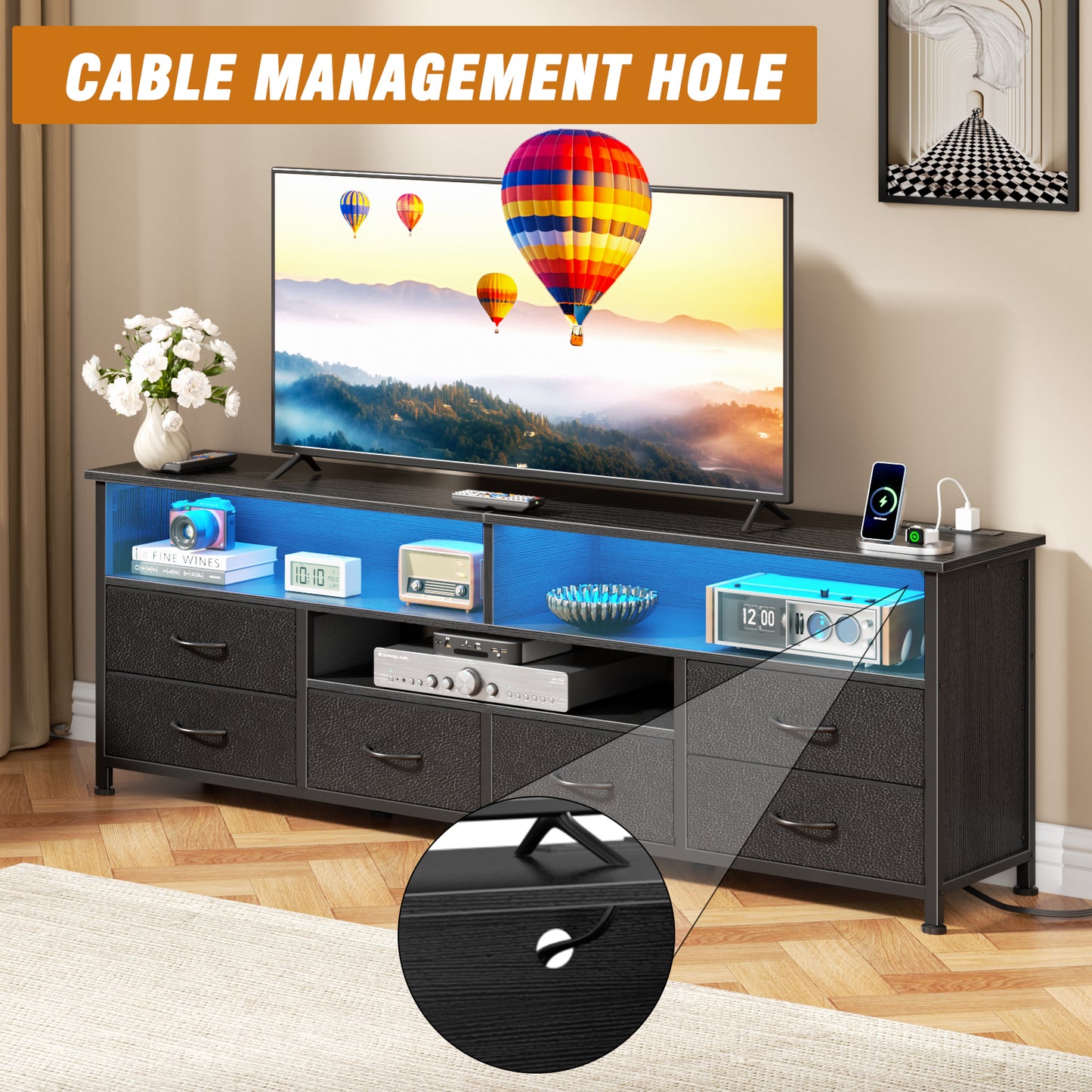 Tydimor Modern TV Stand for TVs up to 65", Media Console with 6 Drawers for Living Room, Entertainment Center with LED lights & Outlets, Black