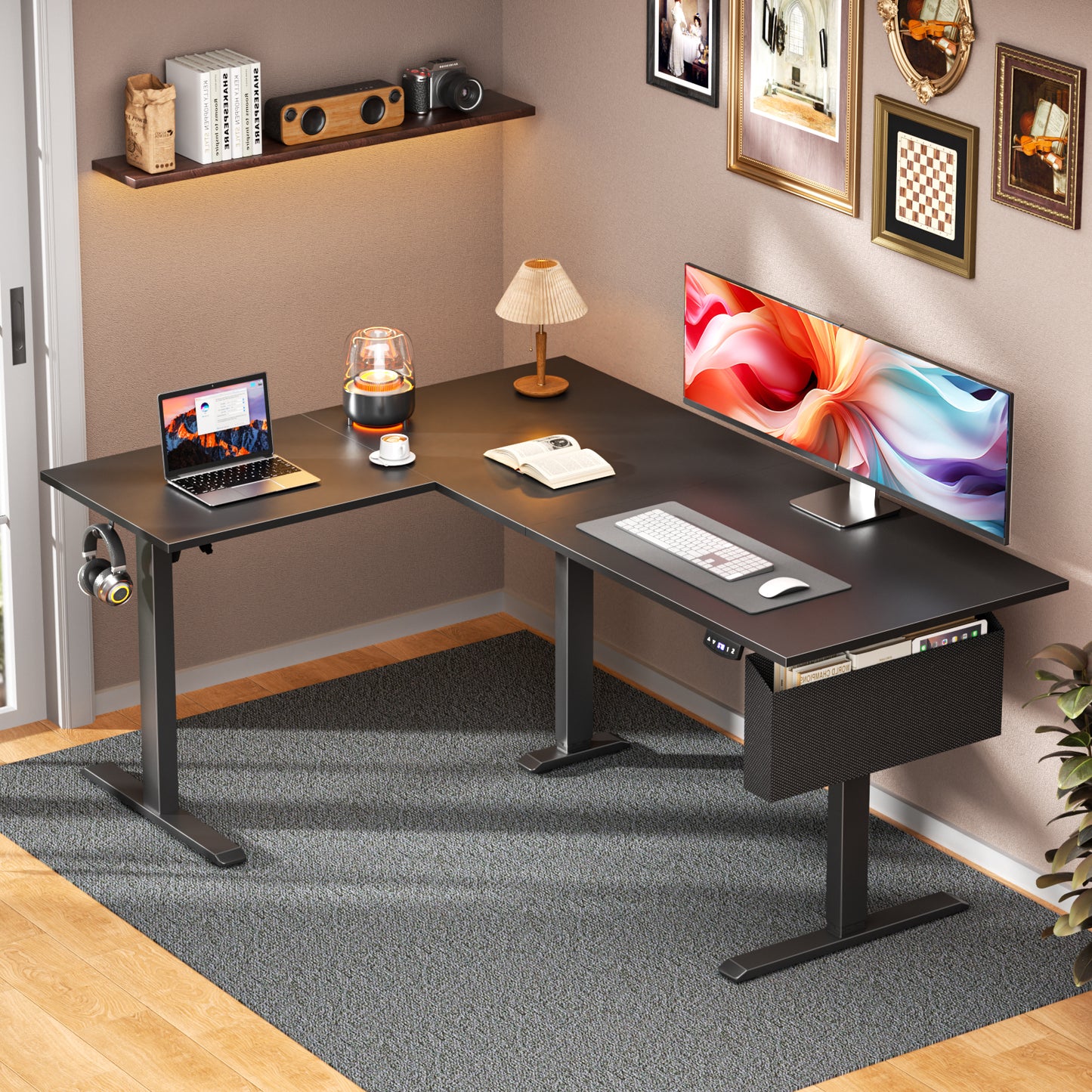 Satifur Electric Standing Desk 63" L-Shaped, Ergonomic Computer Desk with Memory Preset, Height Adjustable Sit Stand Desk with Hooks & Storage, Black