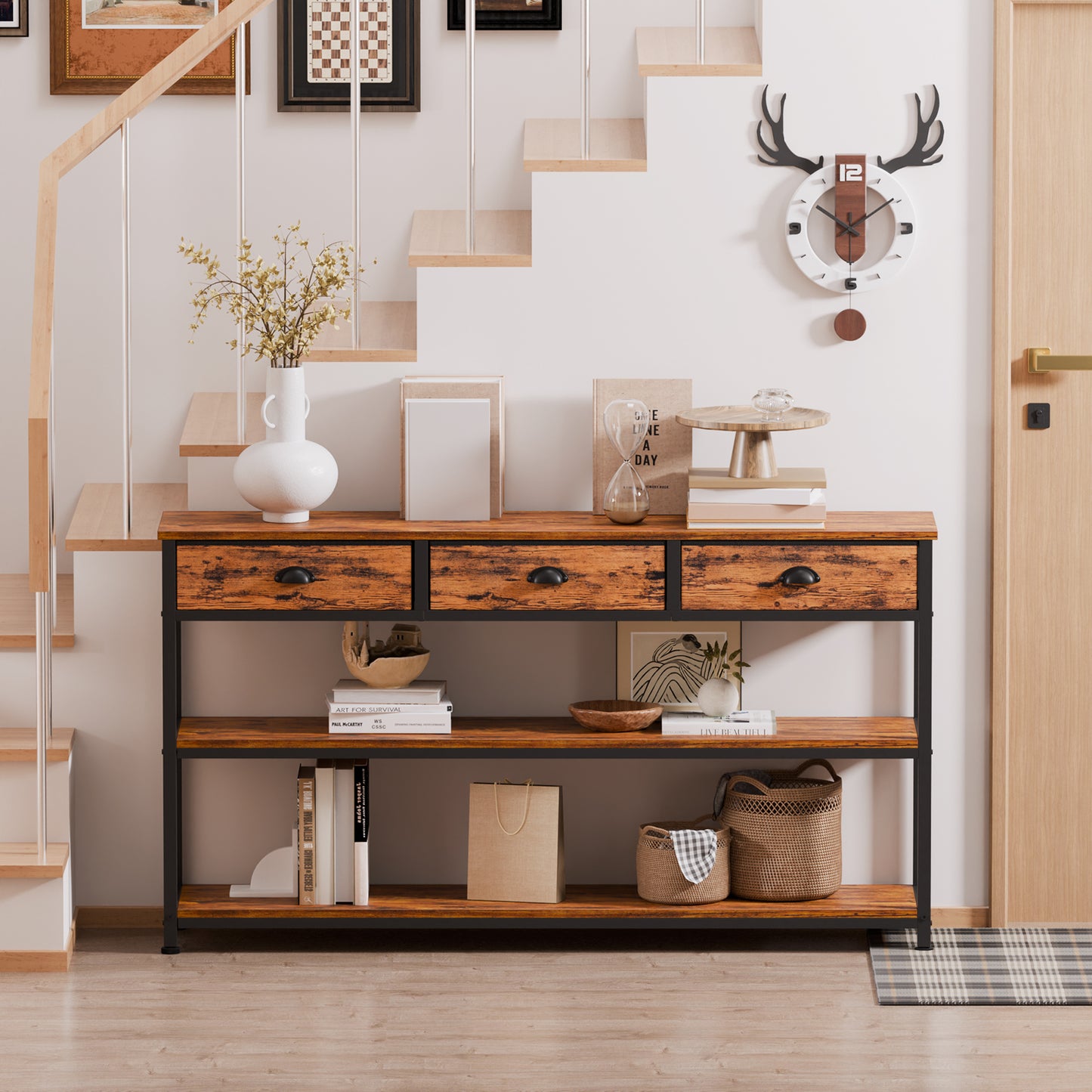 Satifur 47" Entryway Table with 4 Fabric Drawers, Console Table Metal Frame Sofa Table with 2 Shelves for Living Room and Hallway,Brown