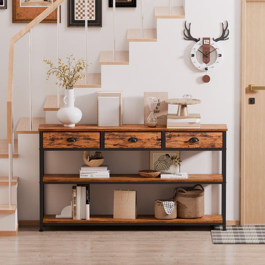 Satifur 47" Entryway Table with 4 Fabric Drawers, Console Table Metal Frame Sofa Table with 2 Shelves for Living Room and Hallway,Brown