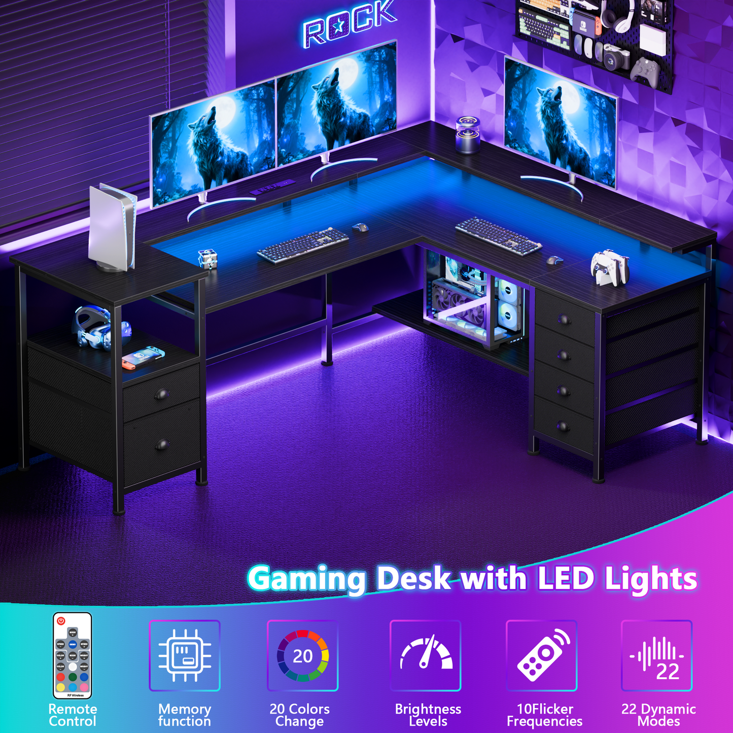 Sarifur L Shaped Computer Desk with Charging Station and LED Lights, 66 inch PC Table Study Desk 6 Drawers for Bedroom,Office Black