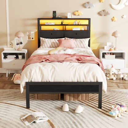 Satifur Twin Size Bed Frame with 2 Storage Drawers Headboard, LED & Charging Station, Black oack