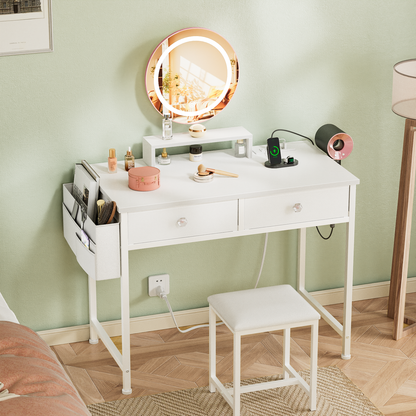 Tydimor Vanity Desk with Mirror & Lights, GRWM Vanity with Drawers & Storage Shelves, Makeup Dressing Table with Stool & Charging, White